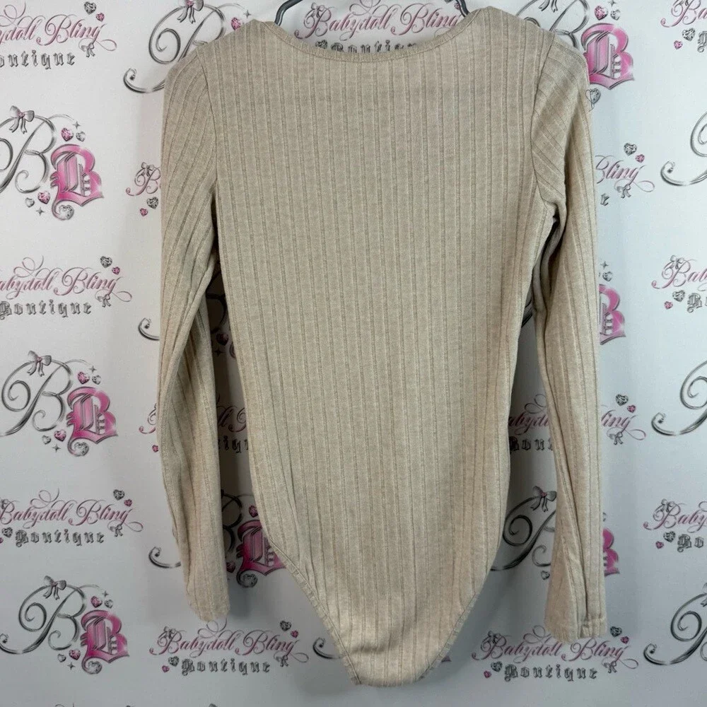 Bodysuit one piece long sleeves, Elegant Beige Ribbed Long Sleeve Bodysuit